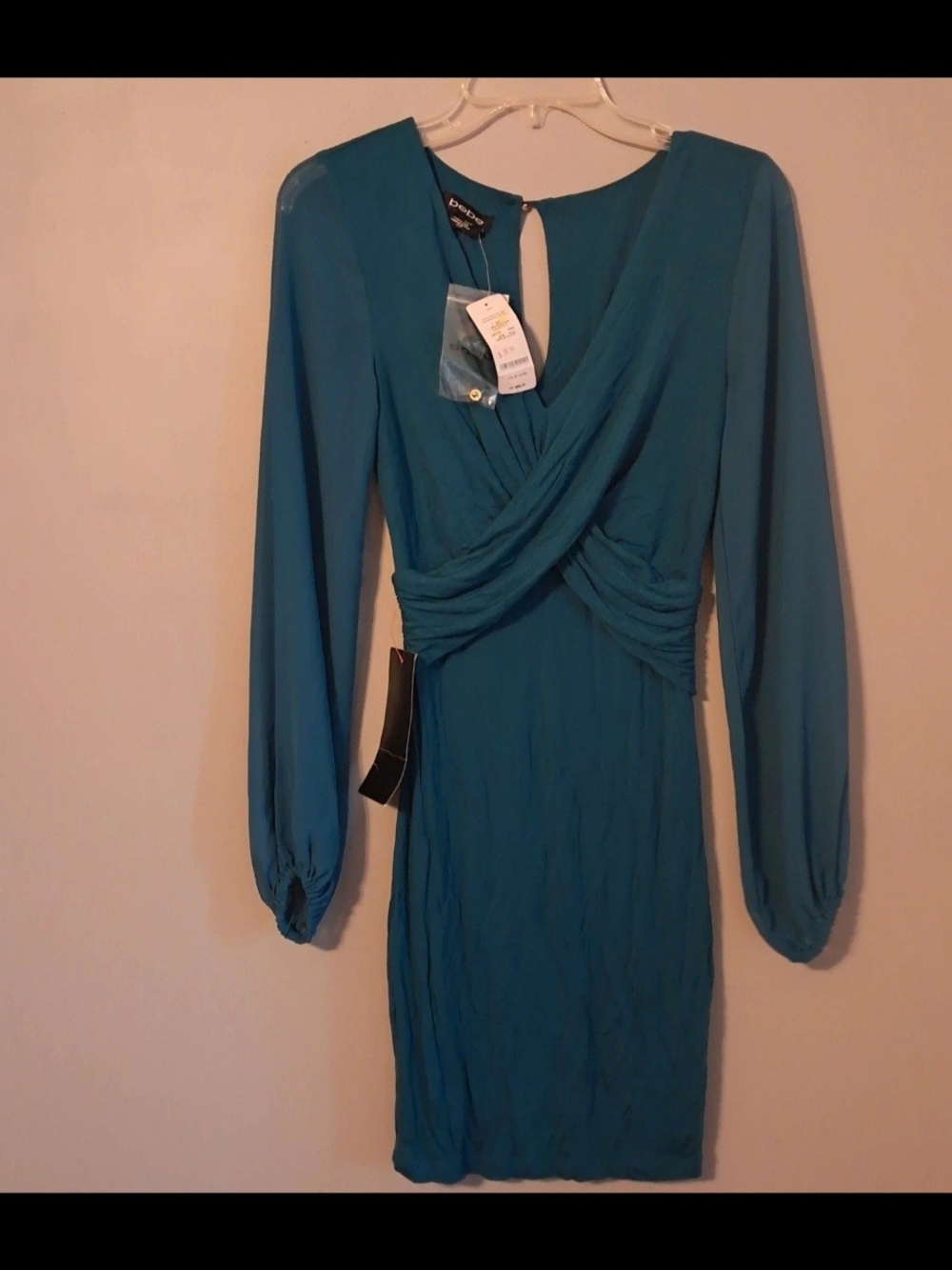 bebe Teal Long-Sleeve Draped Faux-Wrap Dress